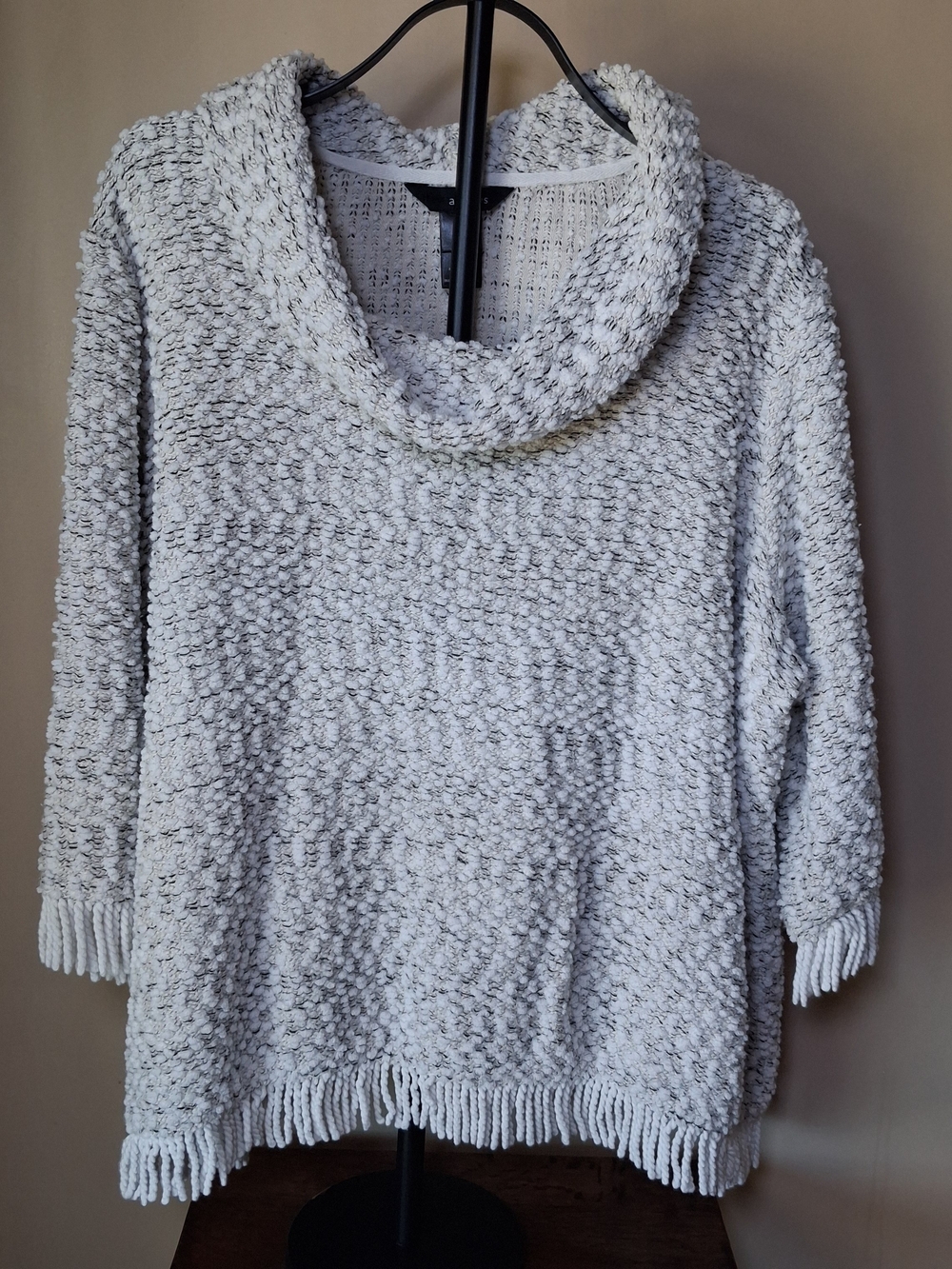 Ali Miles Ivory Cowl Neck Fringe Tunic Chunky Marled Knit Sweater; Size 2X
